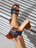Sarah Express Women's Chunky Heel Square-Toe Slip-On Sandals Brown Square Head