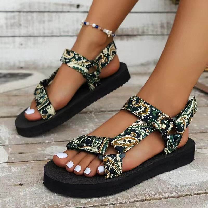 Sarah Express Printed Ethnic Style Velcro Flat Sandals