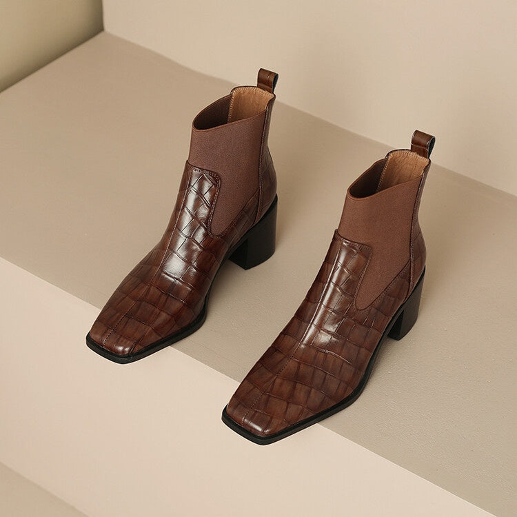 Sarah Express Square Toe Cowhide Leather Chunky Pumps
