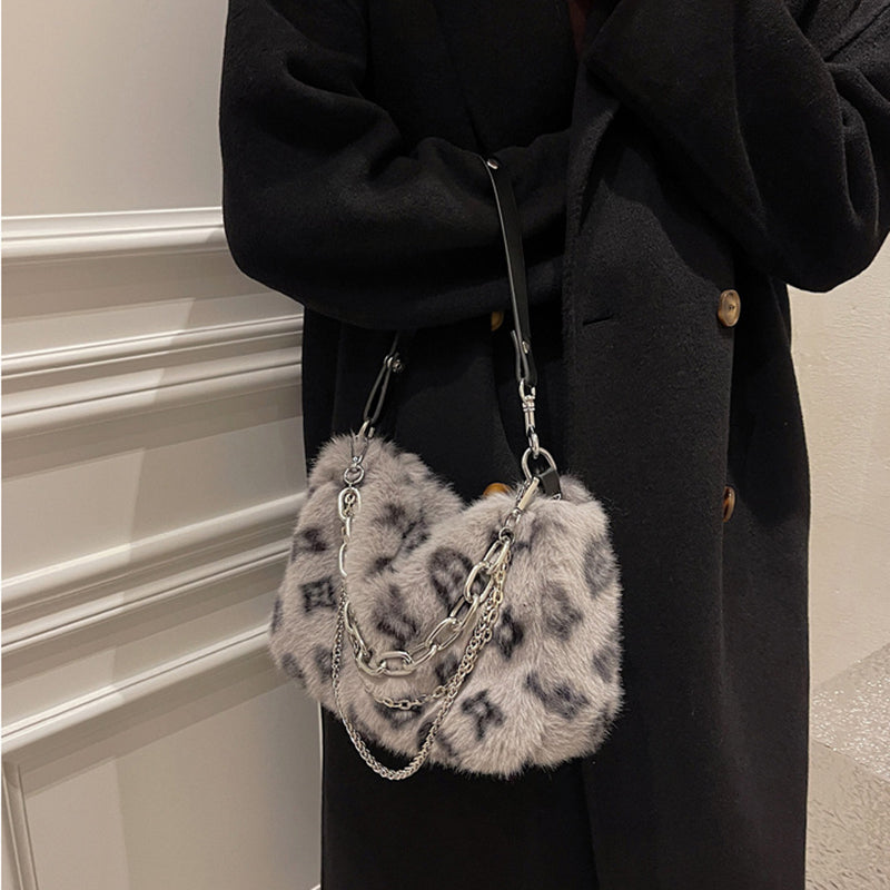 Sarah Express Leopard Print Plush Chain Shoulder Bag