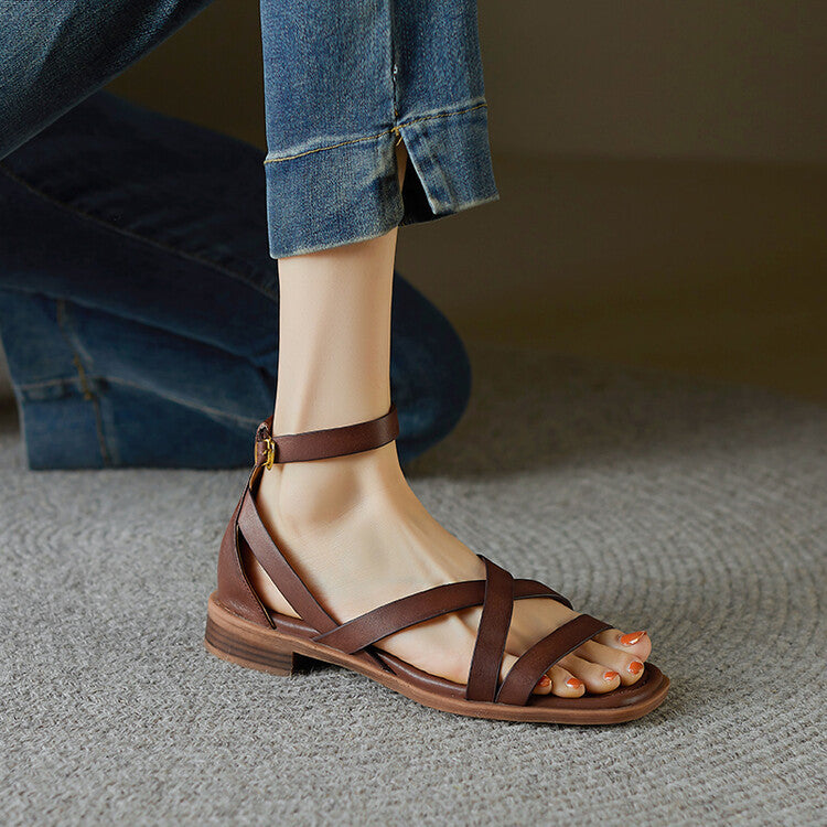 Sarah Express Women's Retro Cross-Strap Flat Sandals