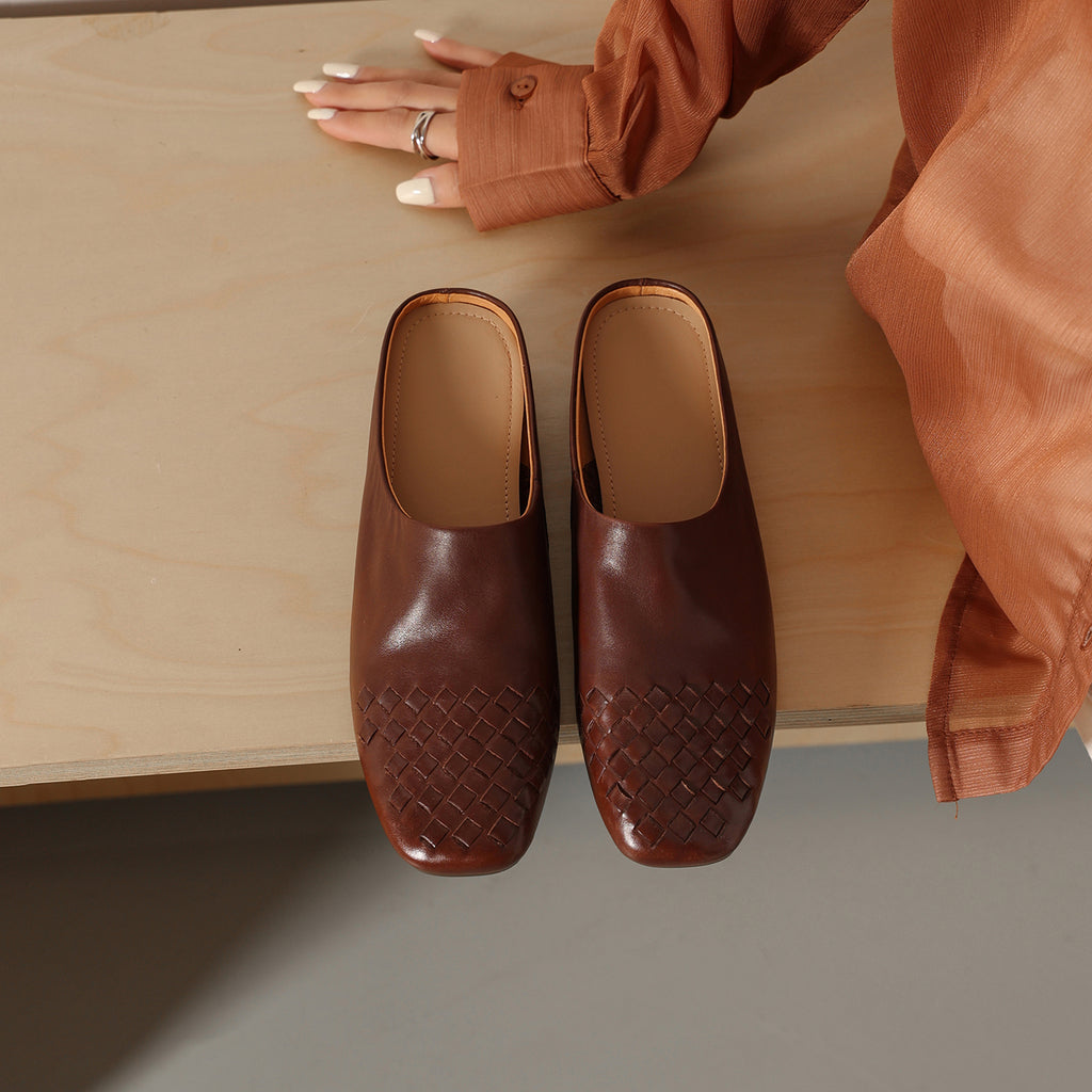 Sarah Express Hand-Woven Leather Square Toe Mule Loafers