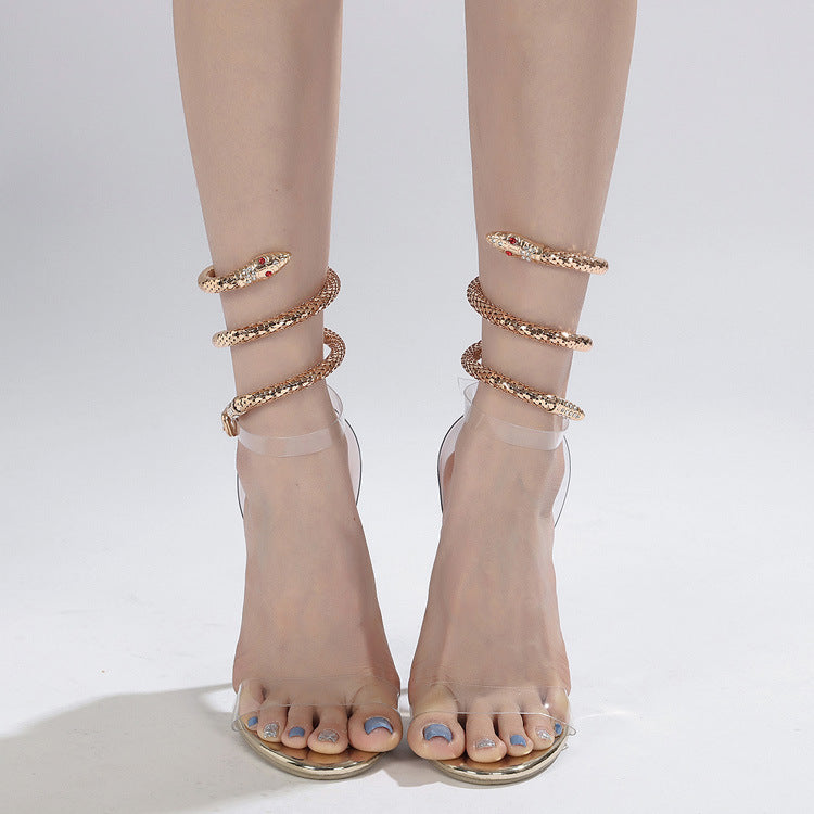 Sarah Express Gold Rhinestone Snake Wrap Stiletto Sandals
