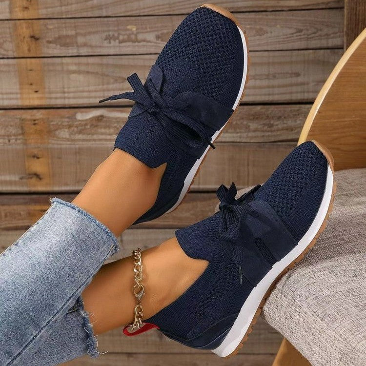 Sarah Express Women's Breathable Lace-Up Mesh Wedge Flats Dark Blue