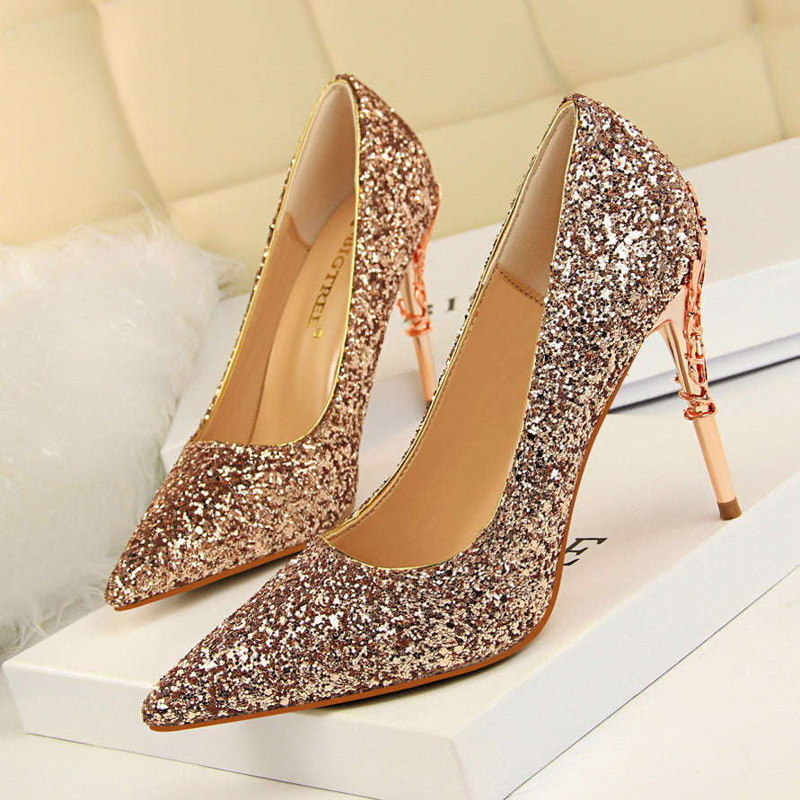 Sarah Express Pointed Toe Sequined Stiletto Heels Rose Gold
