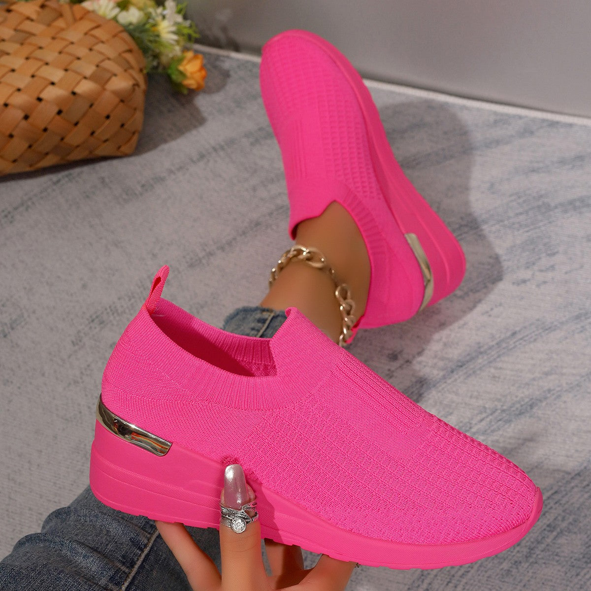 Sarah Express Flyknit Mesh Breathable Wedge Platform Sneakers