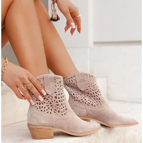Sarah Express Women's Cutout Suede Chunky Heel Boots