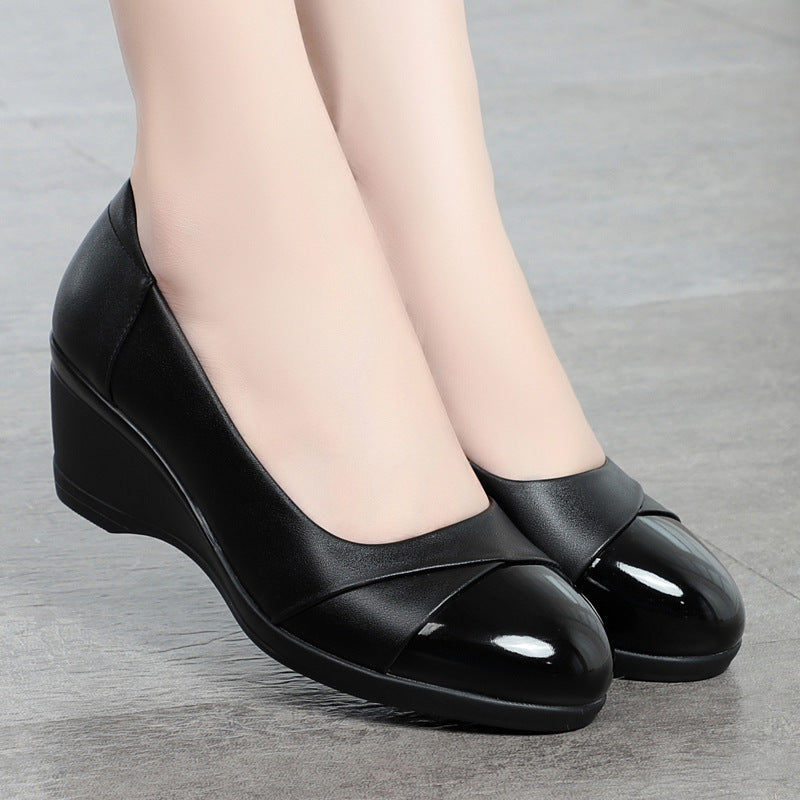 Sarah Express Women's Leather Wedge Slip-On Comfort Shoes Black