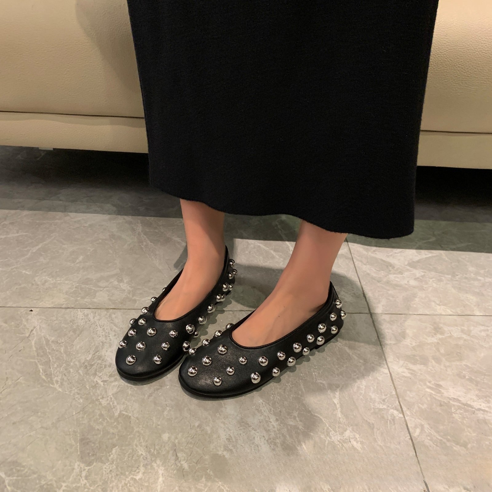 Sarah Express Black Studded Ballet Flats Slip-On Shoes