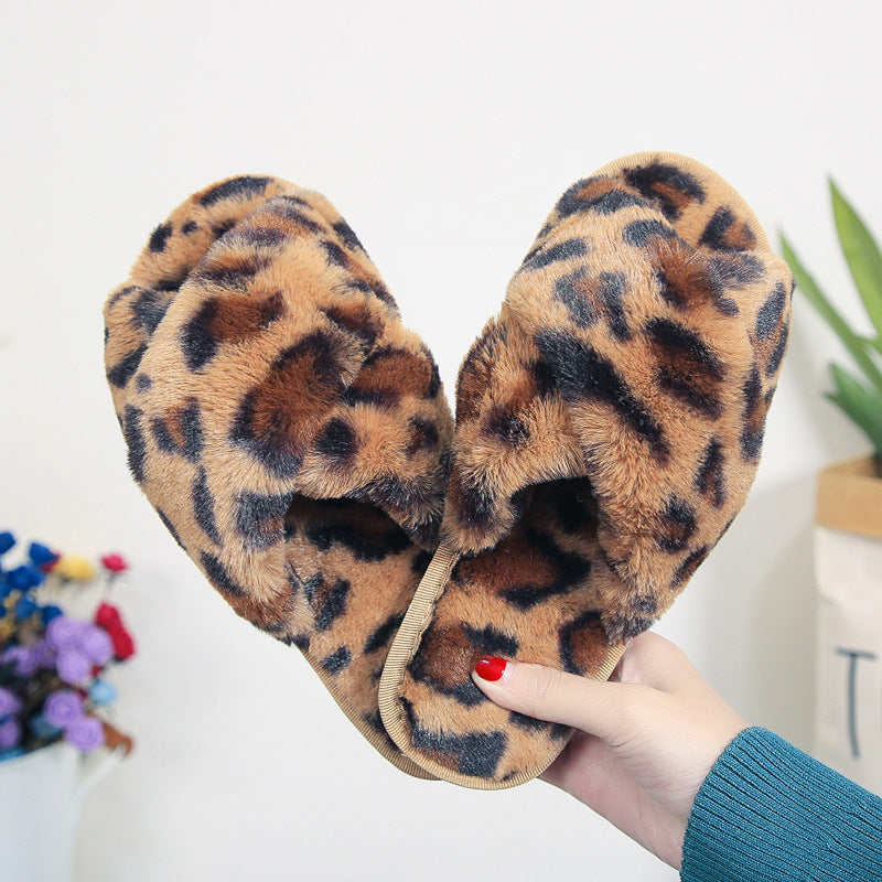 Sarah Express Fuzzy Leopard Cross-Strap House Slippers Brown leopard