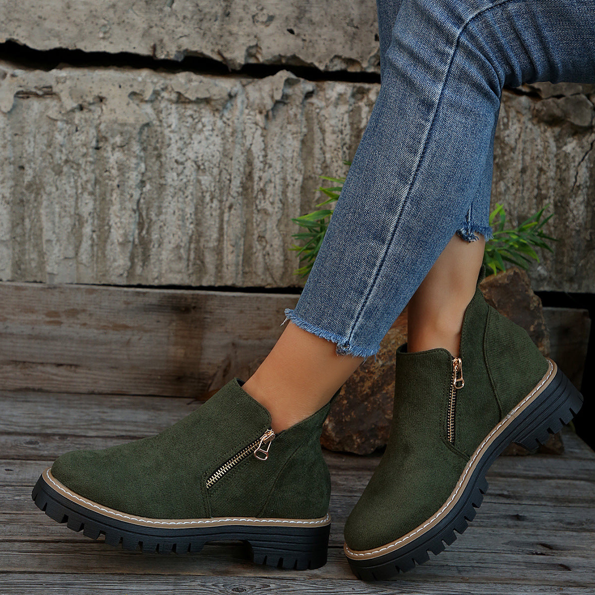 Sarah Express Suede Ankle Boots With Side Zipper Green