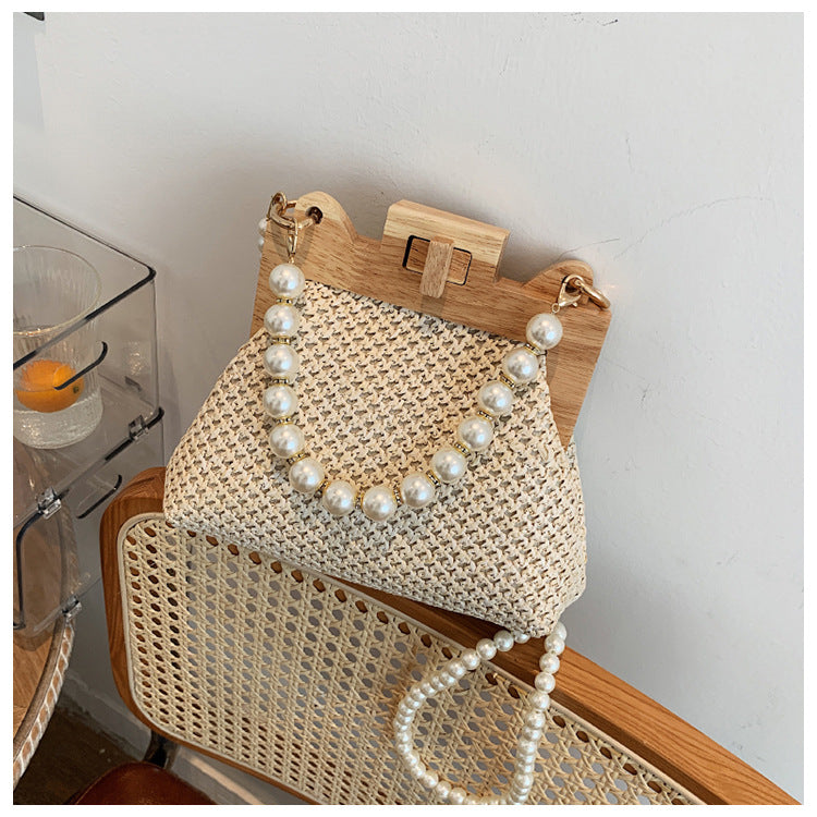 Sarah Express Woven Straw Shoulder Bag with Pearl Chain