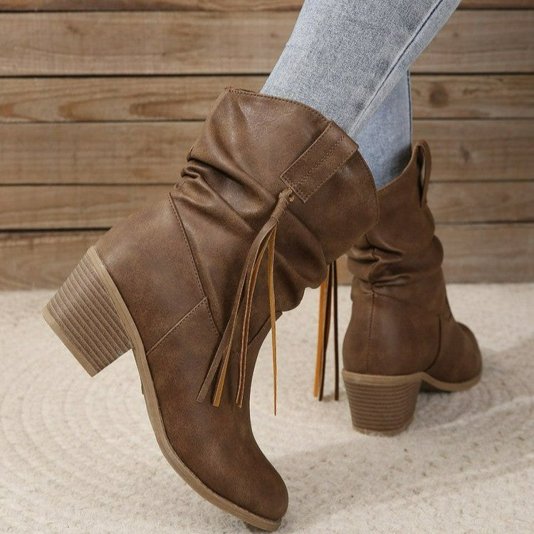 Sarah Express Retro Tassel Mid-Calf Western Boots Dark Brown A