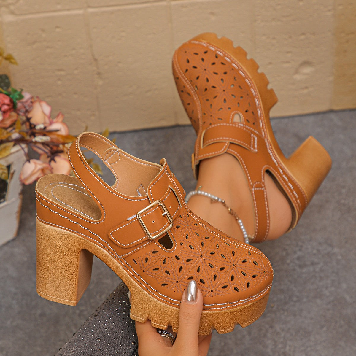 Sarah Express Cutout Platform Ankle Strap Sandals