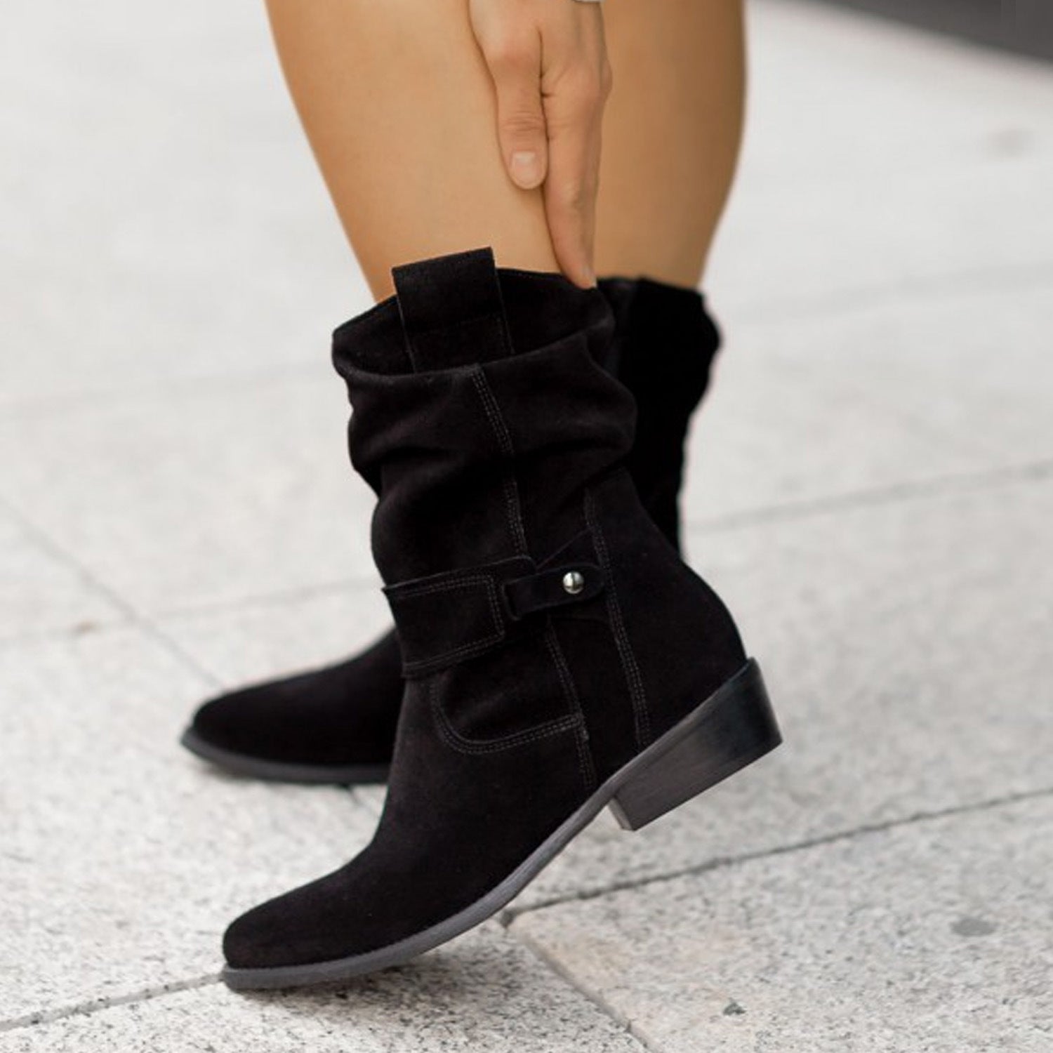 Sarah Express Pointed Toe Suede Mid-Calf Western Boots Black