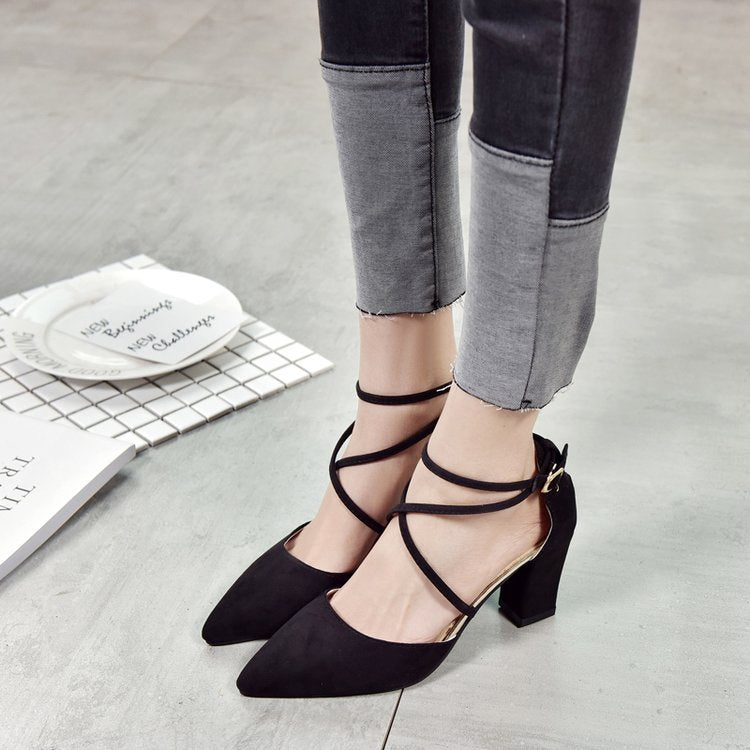 Sarah Express Pointed Toe Buckle Strap Block Heels Black
