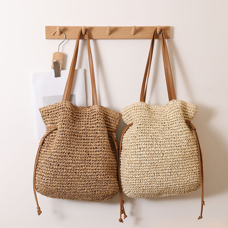 Sarah Express Braided Straw Drawstring Shoulder Bag