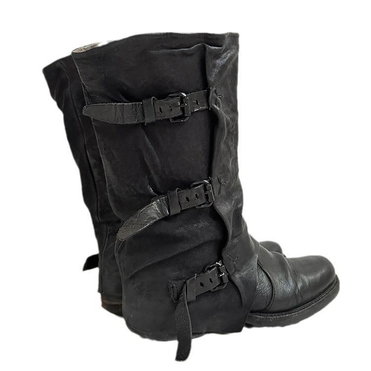 Sarah Express Retro Buckle Pleated Mid-Calf Boots