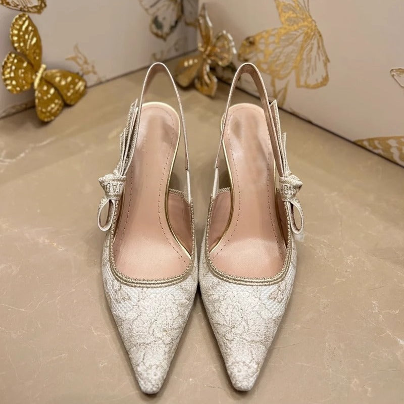Sarah Express Gold Bow Strap Pointed Toe Heels