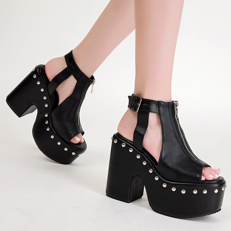 Sarah Express Platform Rivet Front Zip Sandals