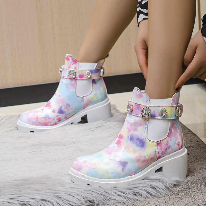 Sarah Express Rhinestone Chunky Heel Ankle Boots