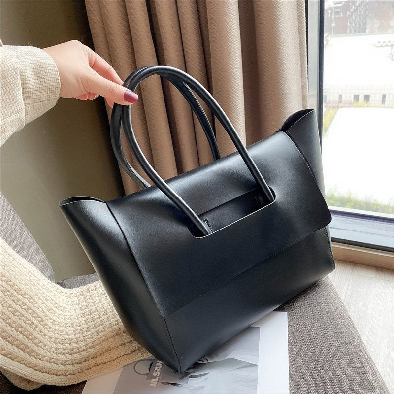 Sarah Express Minimalist Soft PU Leather Tote Bag Black