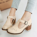 Sarah Express Chunky Heel Buckle Strap British Pumps Beige