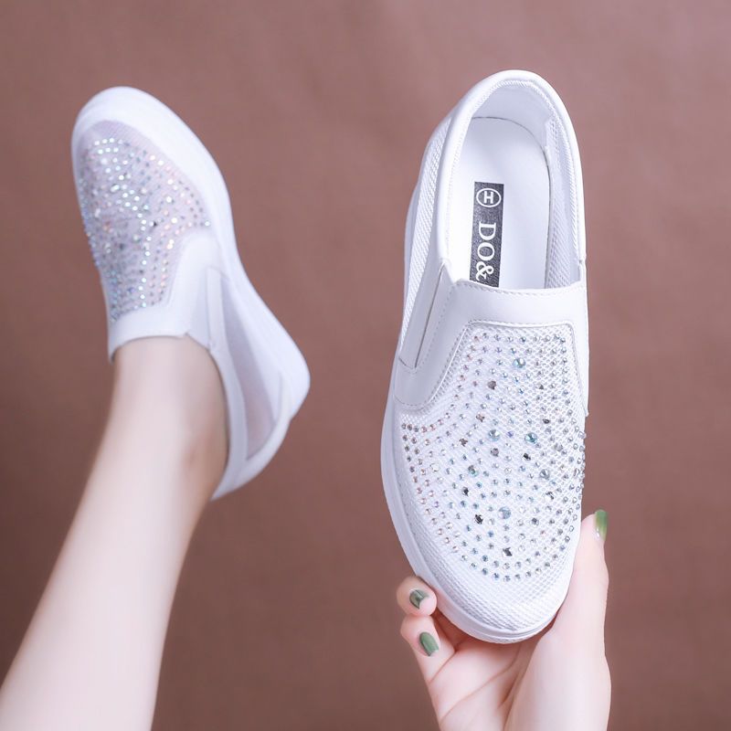 Sarah Express Breathable Mesh Hidden-Heel Rhinestone Sneakers White