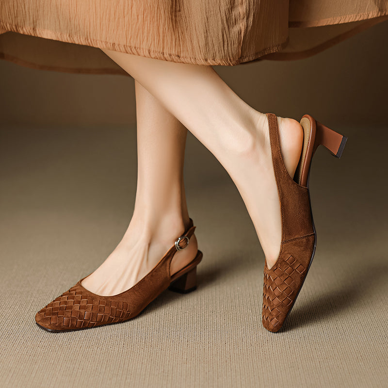 Sarah Express Woven Suede Slingback Block Heel Sandals