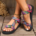 Sarah Express Printed Ethnic Style Velcro Flat Sandals Red Colorful