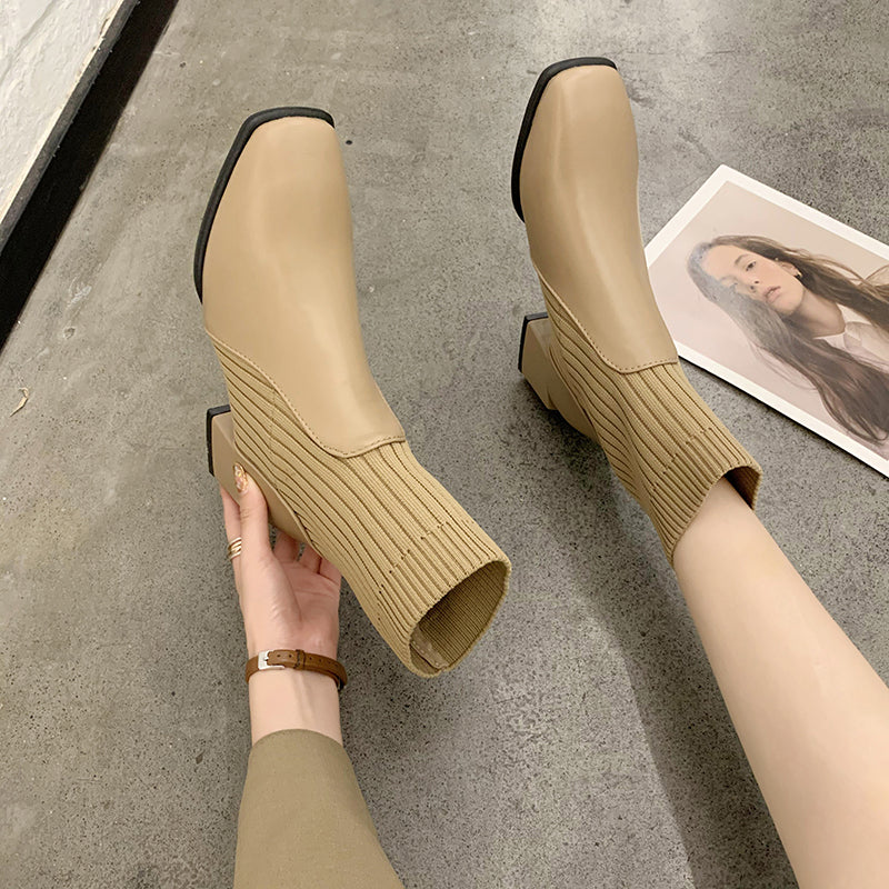 Sarah Express Square Toe Thick Heel Sock Boots