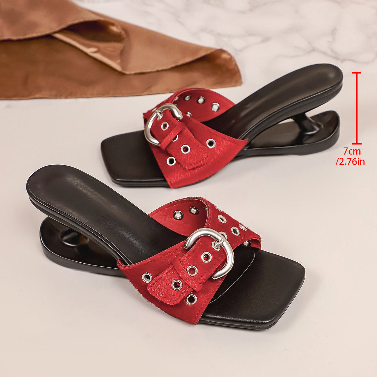 Sarah Express Square Toe High Heel Fabric Sandals Red