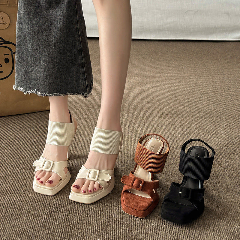Sarah Express Suede Square Toe Stiletto Sandals