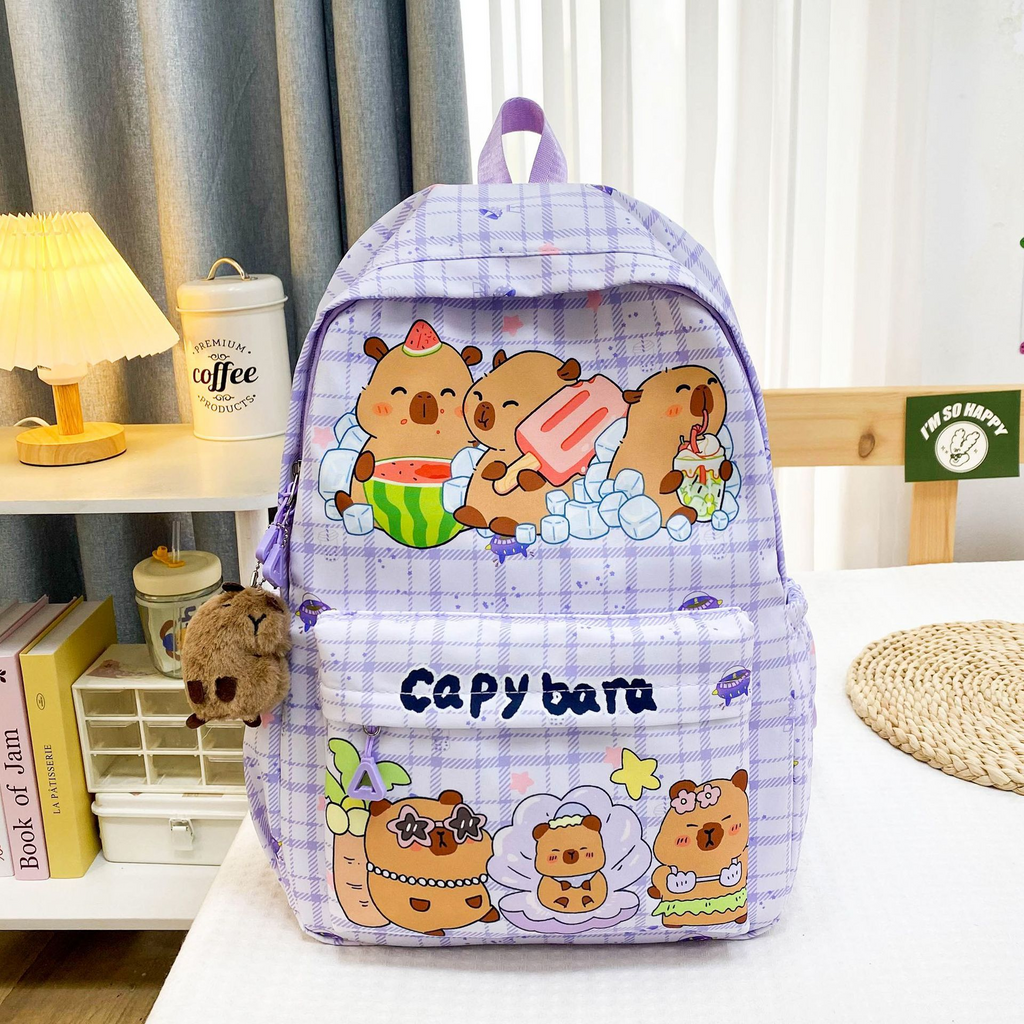 Sarah Express Capybara Cartoon School Backpack for Girls Purple With pendant