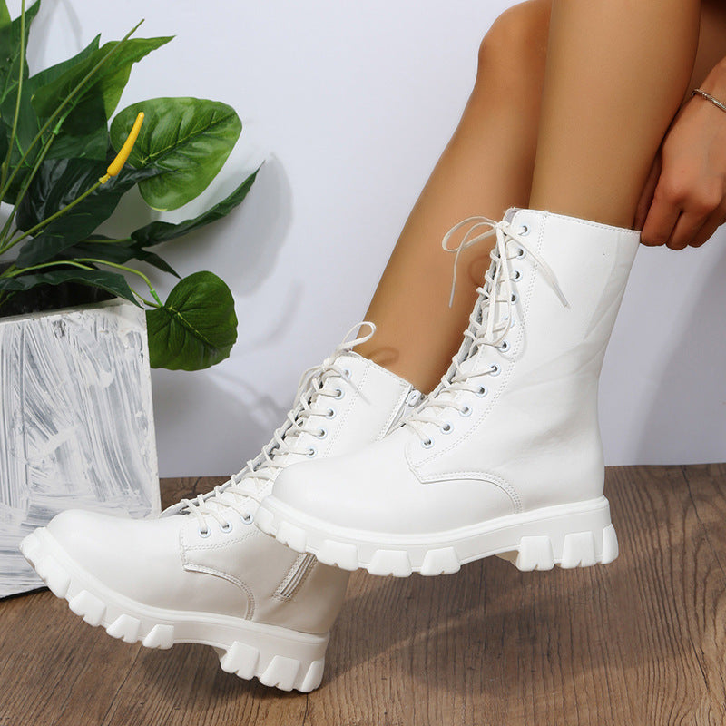Sarah Express Women's Round Toe Lace-Up Ankle Boots White