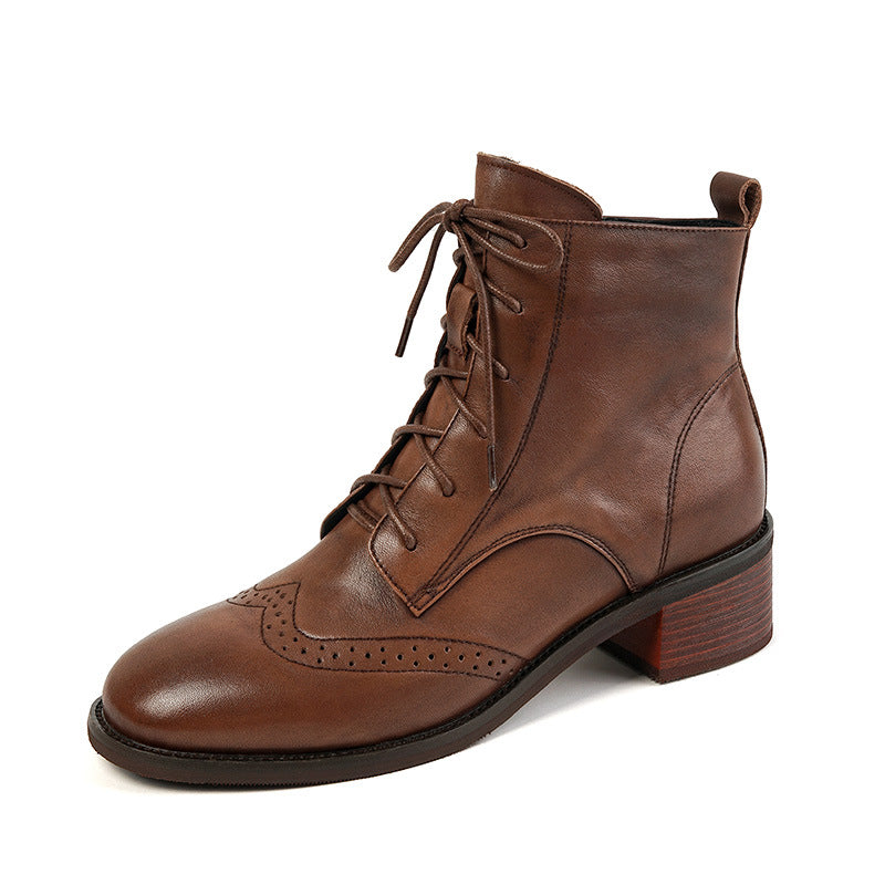 Sarah Express Retro Cowhide Leather Chunky Ankle Boots