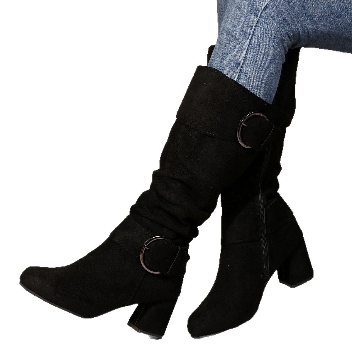 Sarah Express Suede Pointed Toe Chunky Heel Boots