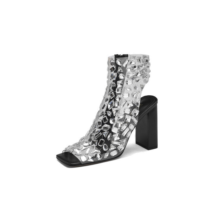 Sarah Express Rhinestone Embellished Open Toe Ankle Boots Black