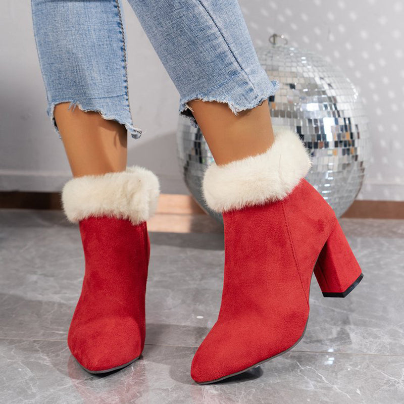 Sarah Express Women's Plaid Suede Square Heel Boots Red