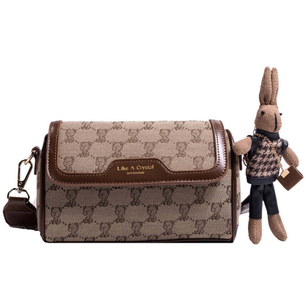 Sarah Express Bear Print Canvas Shoulder Bag Khaki