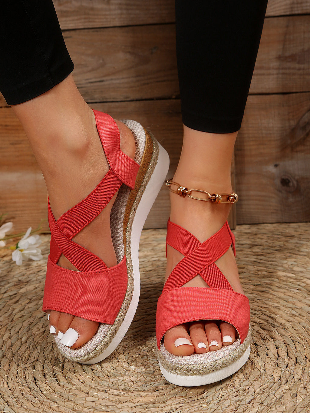 Sarah Express Woven Elastic Strap Platform Beach Sandals Red