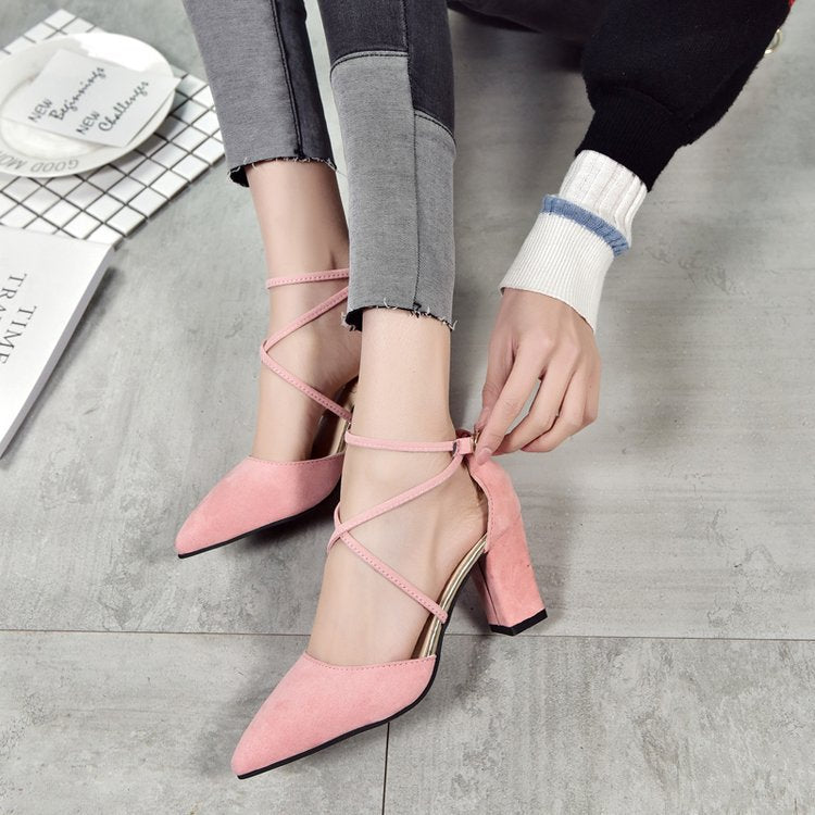 Sarah Express Pointed Toe Buckle Strap Block Heels