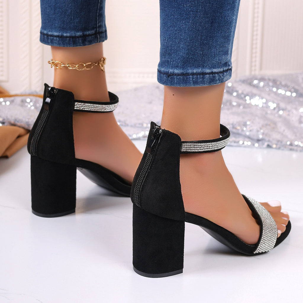 Sarah Express Rhinestone Strappy Chunky Heel Sandals