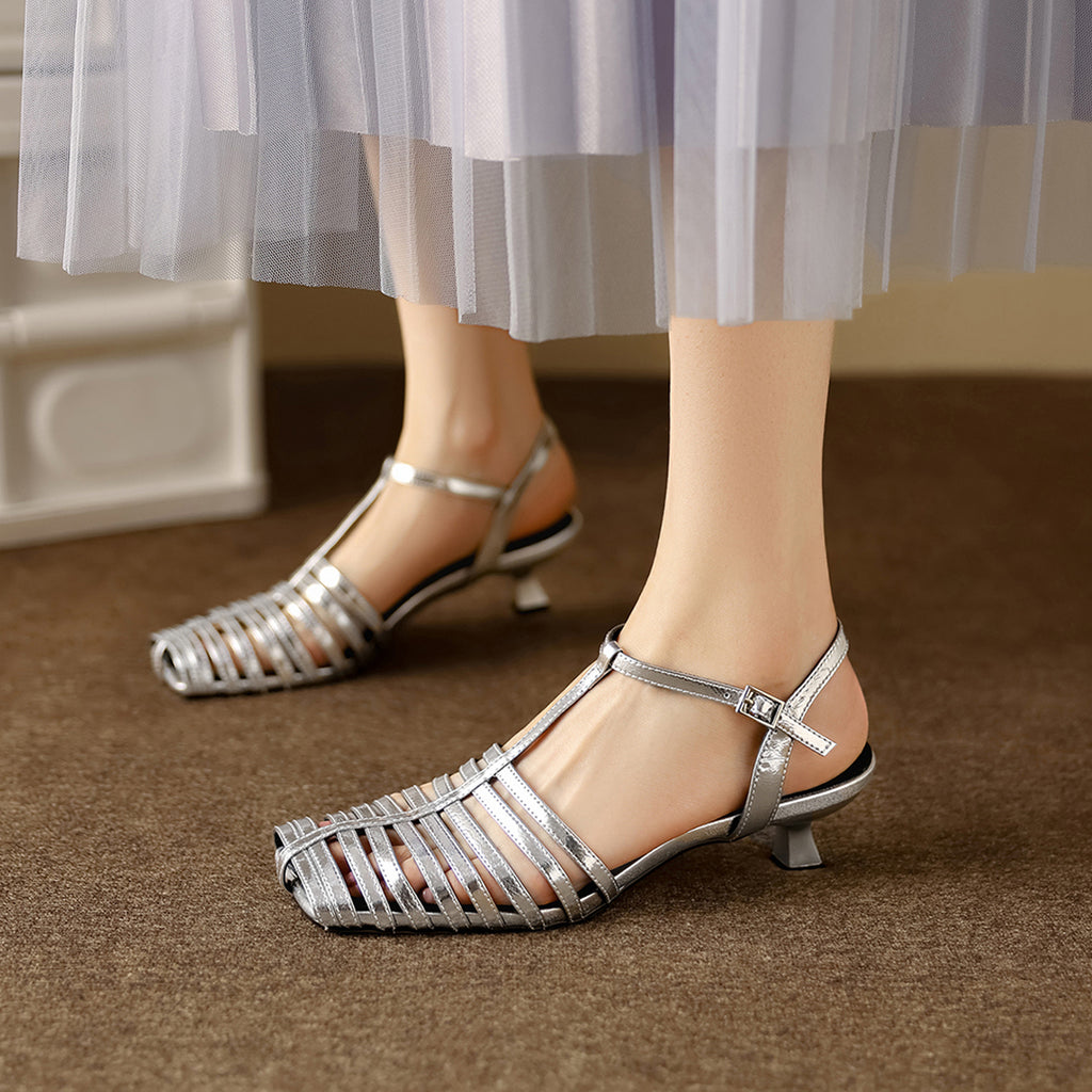 Sarah Express Washed Lambskin T-Strap Cage Sandals