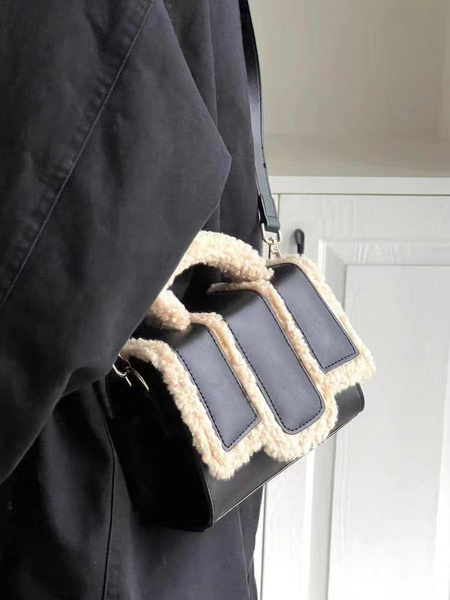 Sarah Express Lamb Wool Trim Structured Crossbody Bag