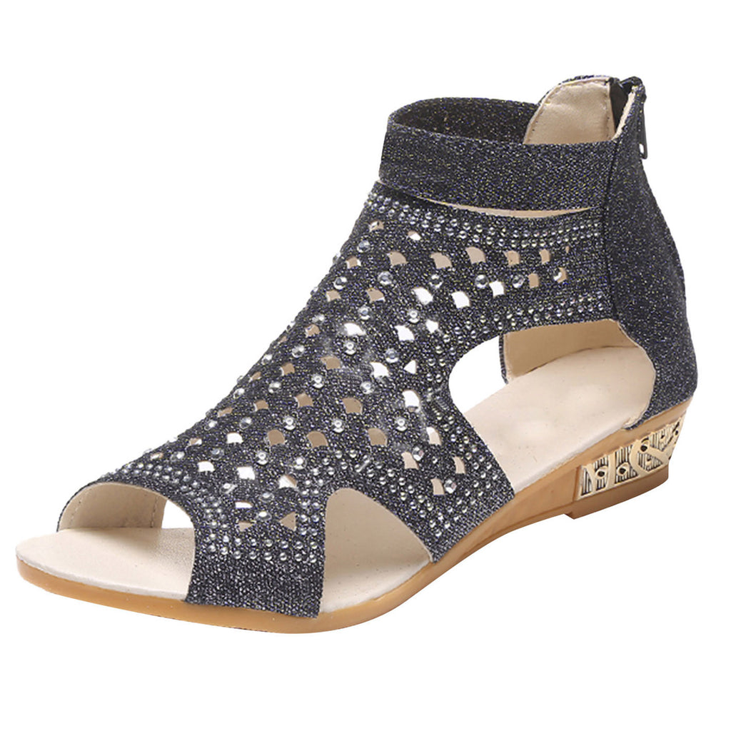 Sarah Express Rhinestone Cutout Roman Sandals With Back Zip Black