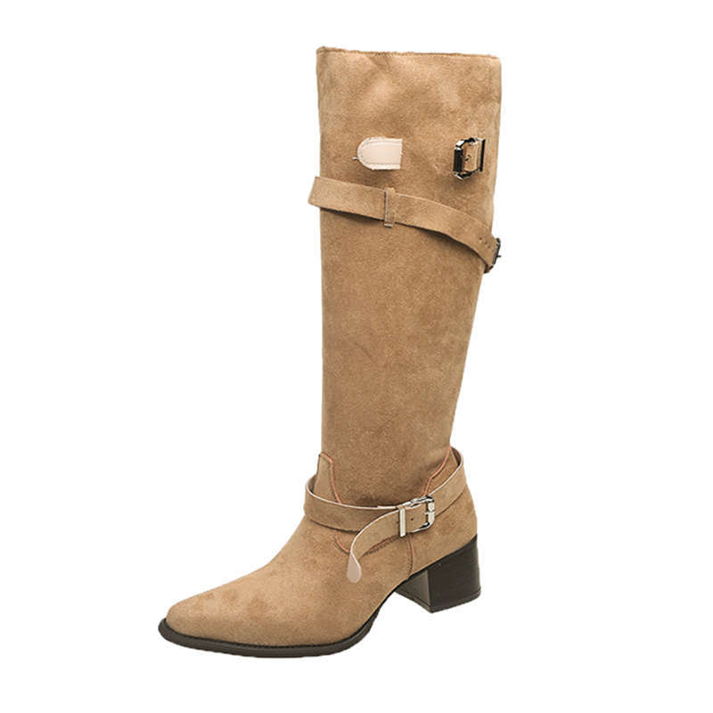 Sarah Express Suede Pointed Toe Chunky Heel Boots