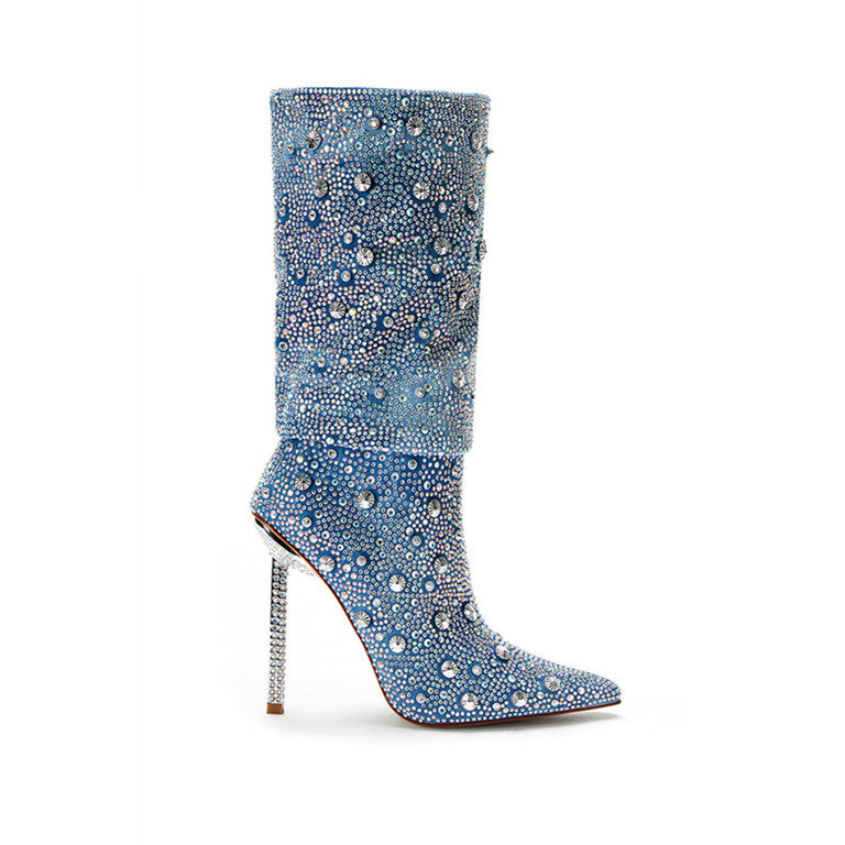 Sarah Express Denim Blue Rhinestone Pointed Toe Boots