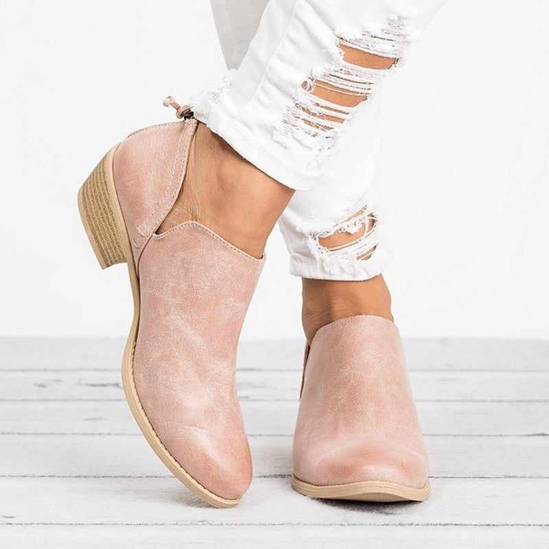 Sarah Express Retro Faux Suede Block Heel Boots Pink