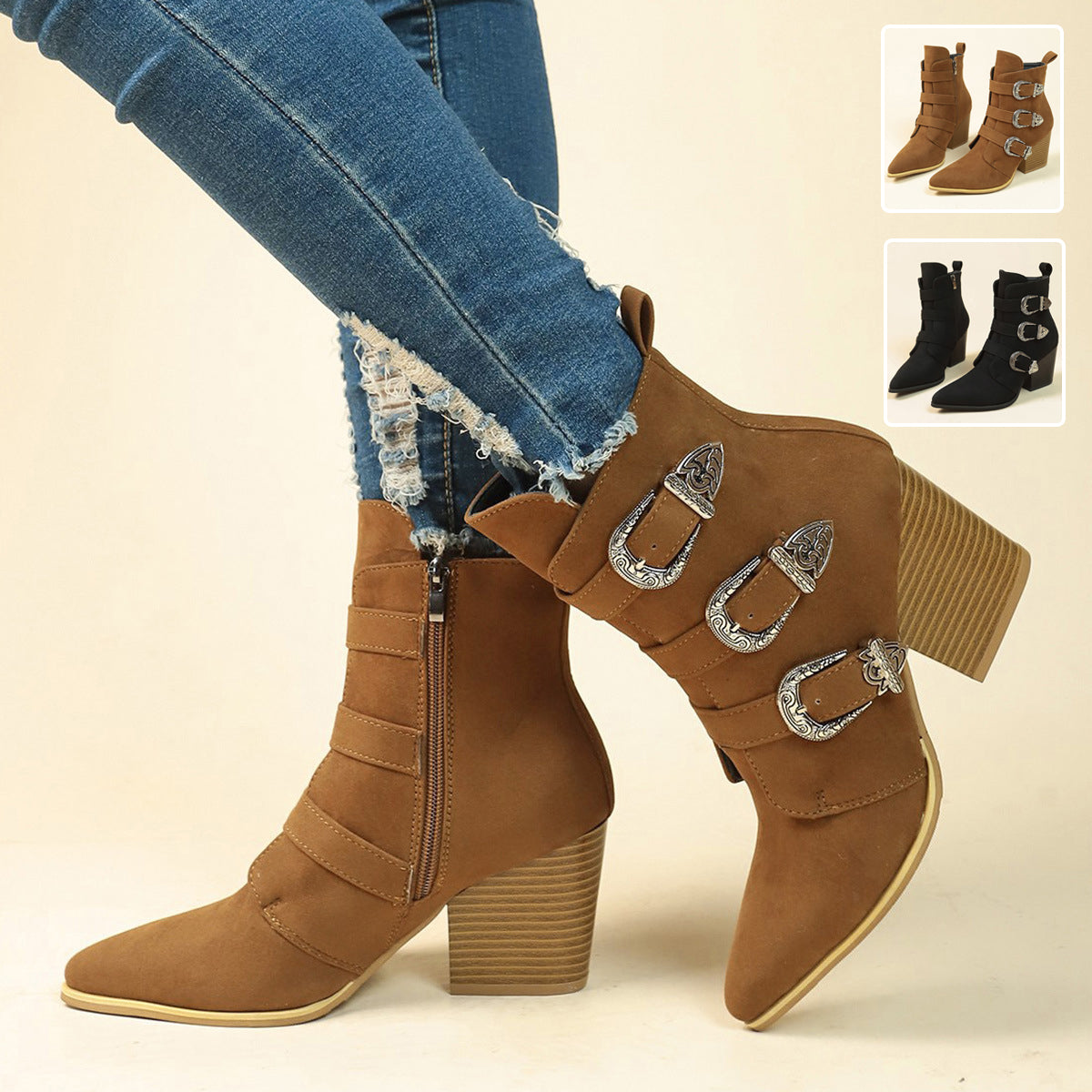 Sarah Express Retro Pointed Toe Chunky Heel Boots